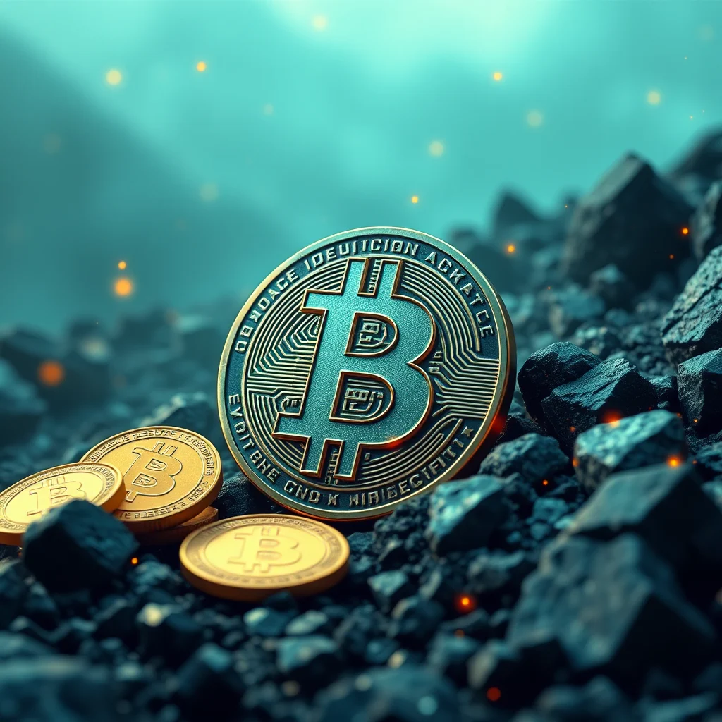 A close-up, eye-level shot shows several bitcoin coins scattered amongst dark, rough rocks with a teal and golden hue. The largest bitcoin, centrally placed, is illuminated with a golden light, revealing its intricate design and the "B" symbol. To its left, three smaller gold-colored bitcoin coins are visible, also resting on the rocks. The background is a blurred, dark teal, with small, glowing golden orbs suggesting distant lights or embers. The overall effect is dramatic and highlights the precious nature of bitcoin.