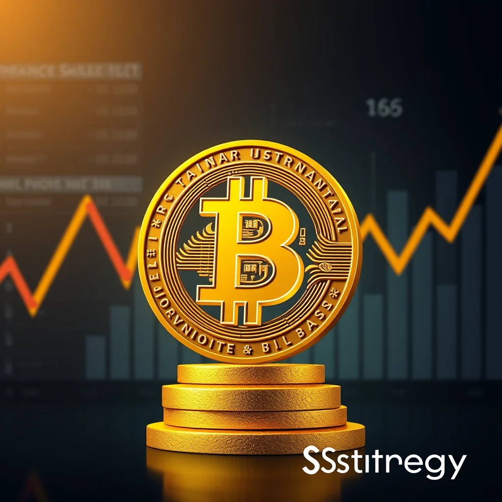A golden Bitcoin coin sits atop a stack of gold coins against a blurred background of a financial chart with an upward trending line.
