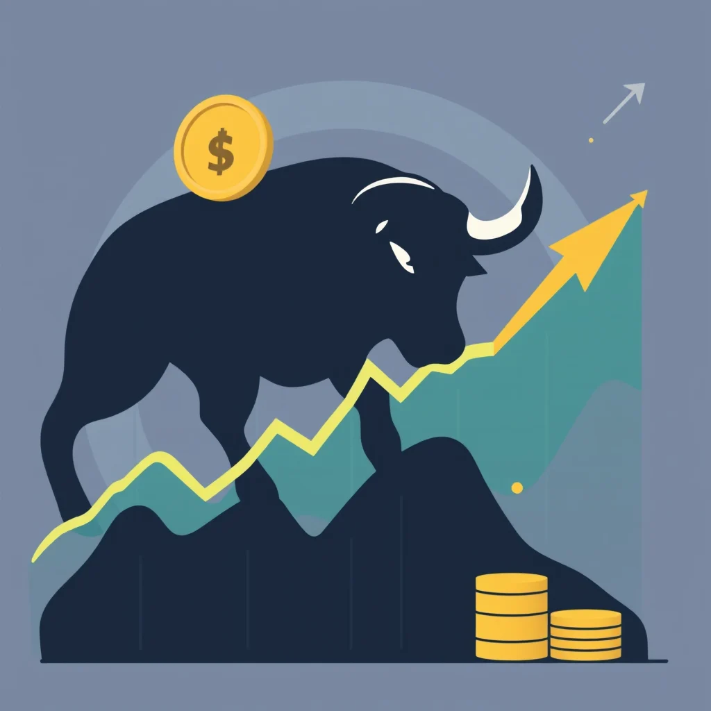 A stylized illustration depicts a bull market, featuring a silhouetted bull standing on a mountain range against a gradient blue background. A gold coin with a dollar sign is perched on the bull's back. A yellow line graph, indicating a sharp upward trend, is superimposed over the mountain range, with a teal-colored graph peeking from behind it. Two stacks of gold coins are placed at the bottom right corner, and a small yellow dot and an arrow pointing upwards are visible in the upper right section of the image.