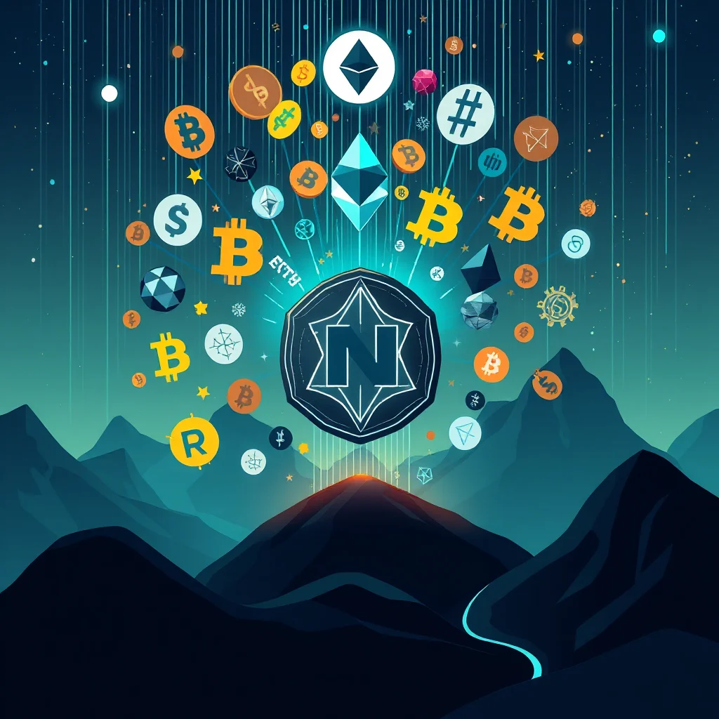 A digital art illustration of various cryptocurrency symbols, including Bitcoin, Ethereum, and a stylized "N" coin, floating above a mountain landscape under a starry, glowing sky.