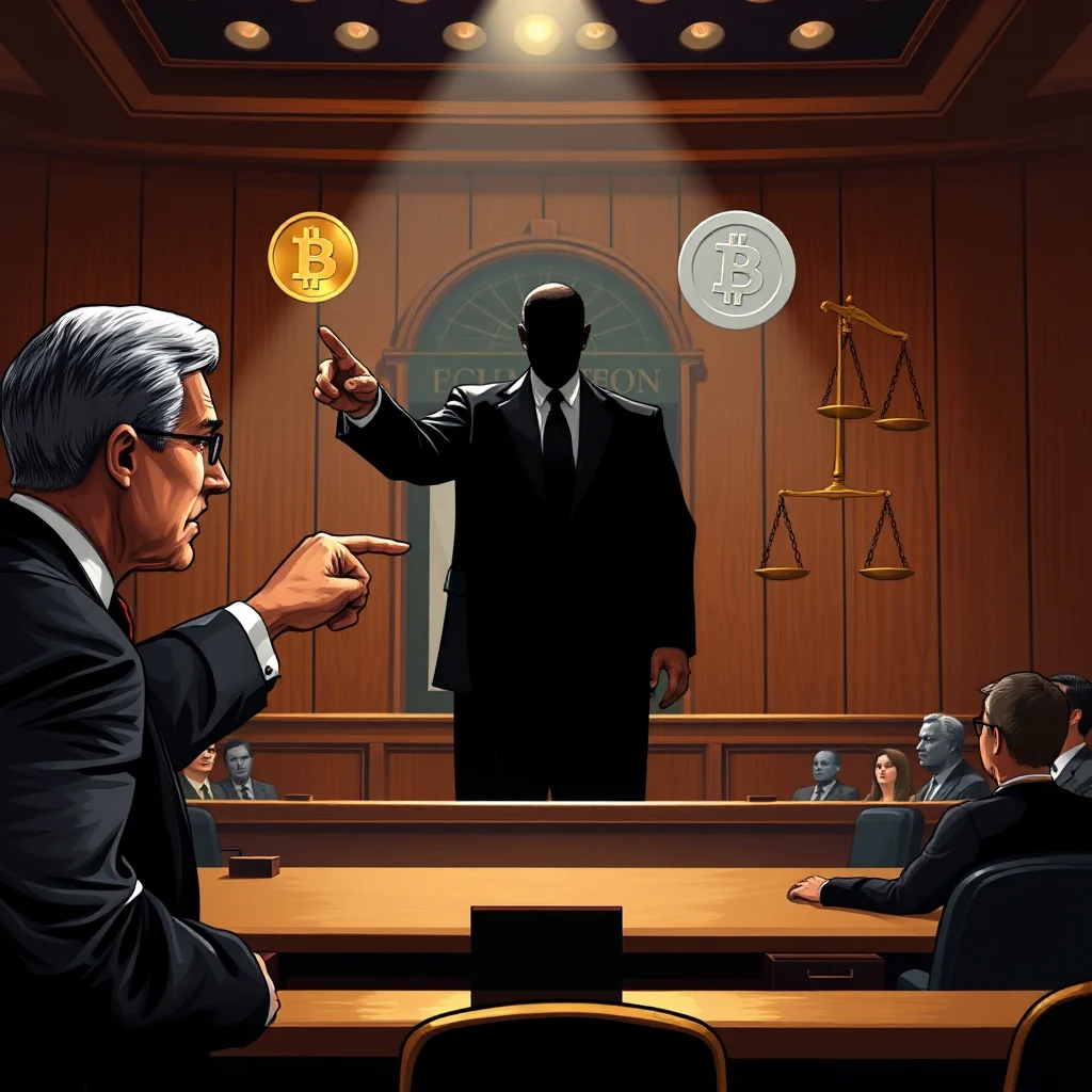 A courtroom scene with two men in suits gesturing towards each other, with Bitcoin and digital currency symbols overhead and scales of justice in the background.