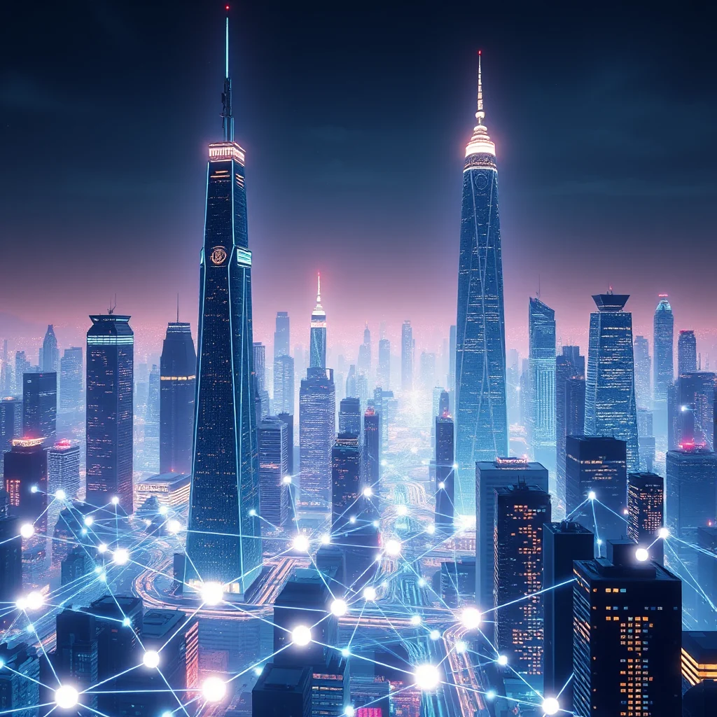 A futuristic cityscape at night, with towering skyscrapers illuminated by neon lights and a network of glowing connections crisscrossing the scene, suggesting a sophisticated technological infrastructure.