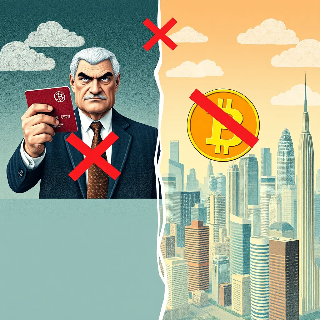 A businessman in a suit holds up a credit card with a Bitcoin symbol on it, with a red "X" over it. To the right, a Bitcoin symbol is also crossed out over a cityscape.