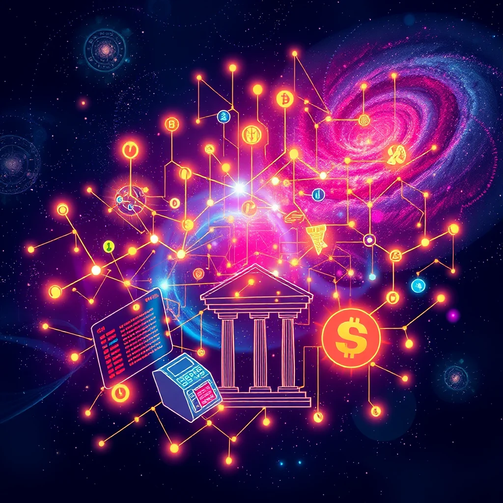 A digital representation of a bank, calculator, and computer screen, connected by glowing orange lines forming a network against a backdrop of a swirling galaxy and starry sky. Numerous cryptocurrency symbols are scattered throughout the network.