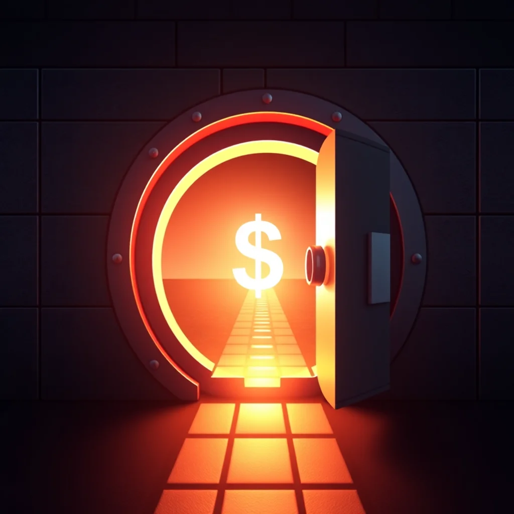 A brightly lit vault door is open, revealing a glowing dollar sign at the end of a pathway.