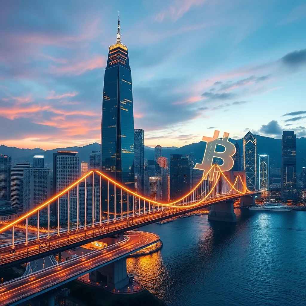 A Bitcoin symbol glows brightly atop a suspension bridge, its orange cables outlining a rising graph as it spans a river in a modern city at dusk, with towering skyscrapers reflecting the twilight sky.