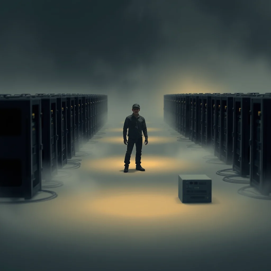 A lone figure stands in a server room between two rows of server racks.
