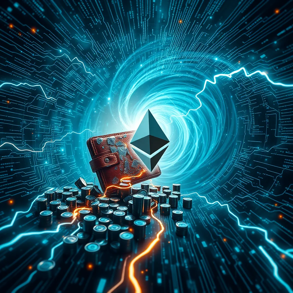 A digital wallet sits atop a pile of cryptocurrency coins, with the Ethereum logo prominently displayed. The scene is set against a backdrop of swirling blue light, circuit board patterns, and glowing electric lines, conveying a futuristic and high-tech theme related to cryptocurrency.