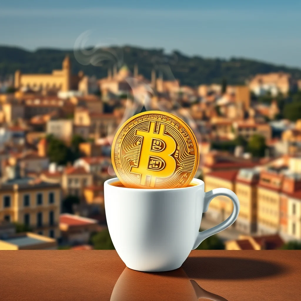 A close-up shot features a golden Bitcoin coin emerging from a steaming white coffee cup, set against a blurred cityscape backdrop.