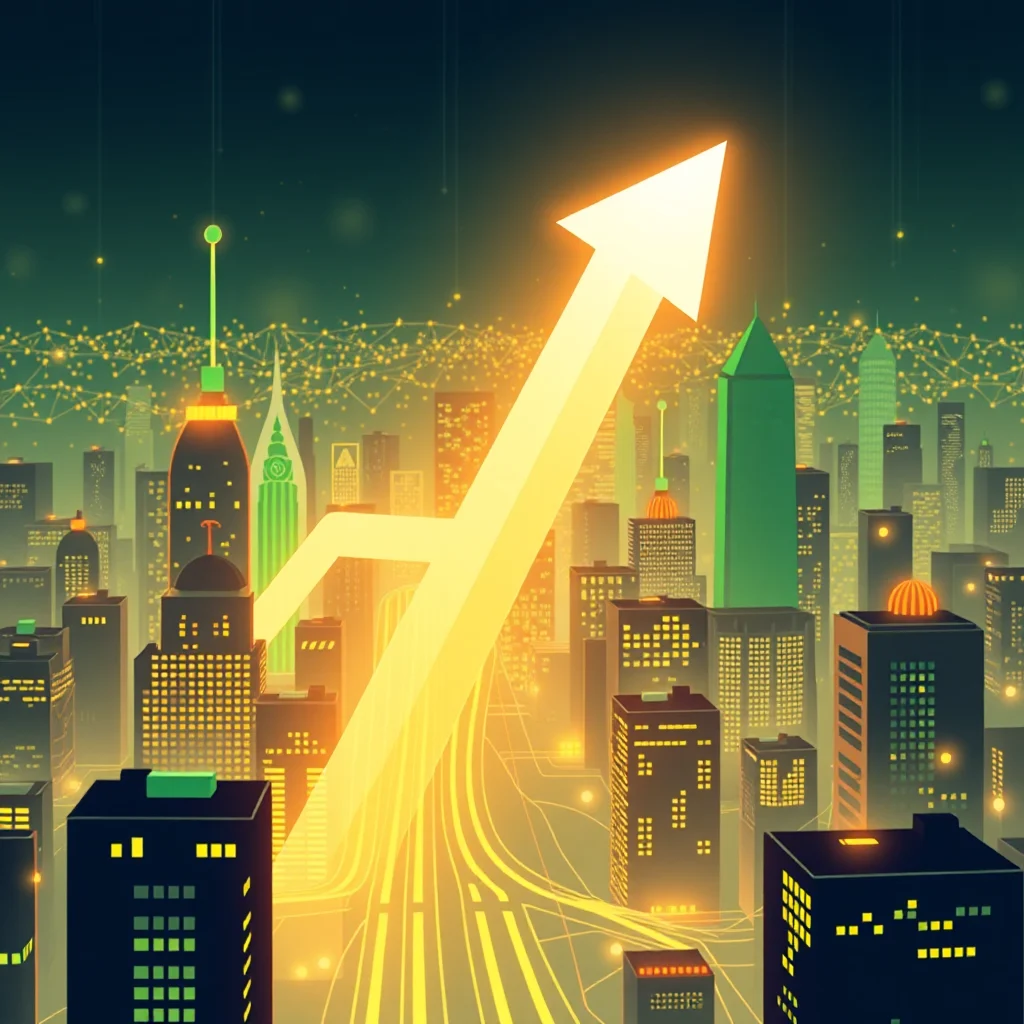 A large yellow arrow is rising through a futuristic cityscape at night, with glowing lines and interconnected dots above the buildings.