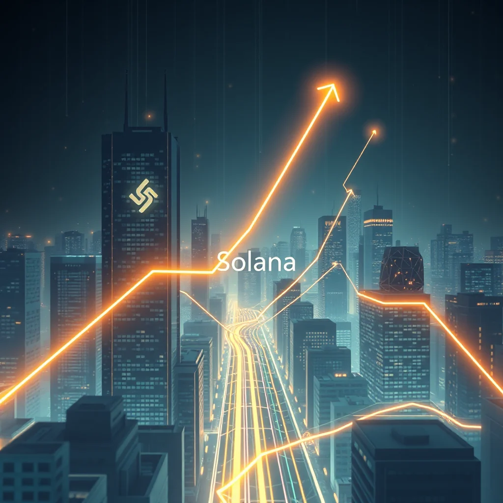 A stylized depiction of a city skyline at night, with glowing orange lines forming an upward trend graph that passes through and above the buildings. The word "Solana" is prominently displayed in white text in the center of the image.