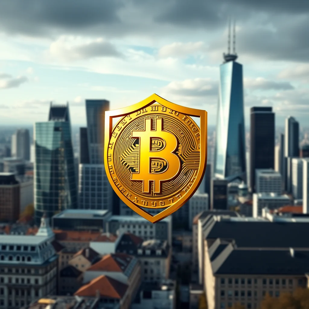 A gold Bitcoin symbol is enclosed in a shield, superimposed over a blurred cityscape of skyscrapers under a cloudy sky.