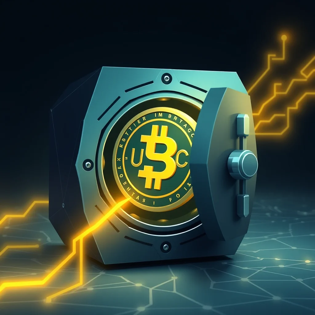 A close-up, low-angle shot of an opened, futuristic, hexagonal safe. Inside the safe is a golden Bitcoin symbol on a dark green circular background, with text "IM BNYAGO" and other illegible text around the circumference. The safe's door is ajar, revealing the Bitcoin, and it is secured by a silver dial and handle. A bright yellow, abstract circuit-like line emanates from the left side of the Bitcoin and snakes across the dark blue background, and another similar yellow line is visible in the upper right corner. The background is dark with a subtle network of thin white lines.