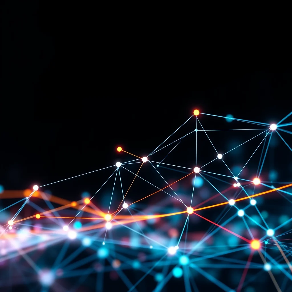 A black background with a network of glowing blue and orange lines and nodes, creating a sense of depth and connectivity.