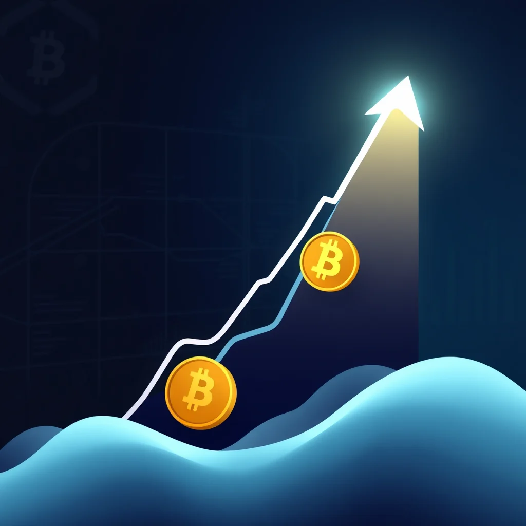 A stylized illustration of a Bitcoin cryptocurrency graph showing a sharp upward trend, with two golden Bitcoin coins depicted on the rising line, set against a dark blue background with subtle grid lines and a bright, glowing arrow pointing upwards.