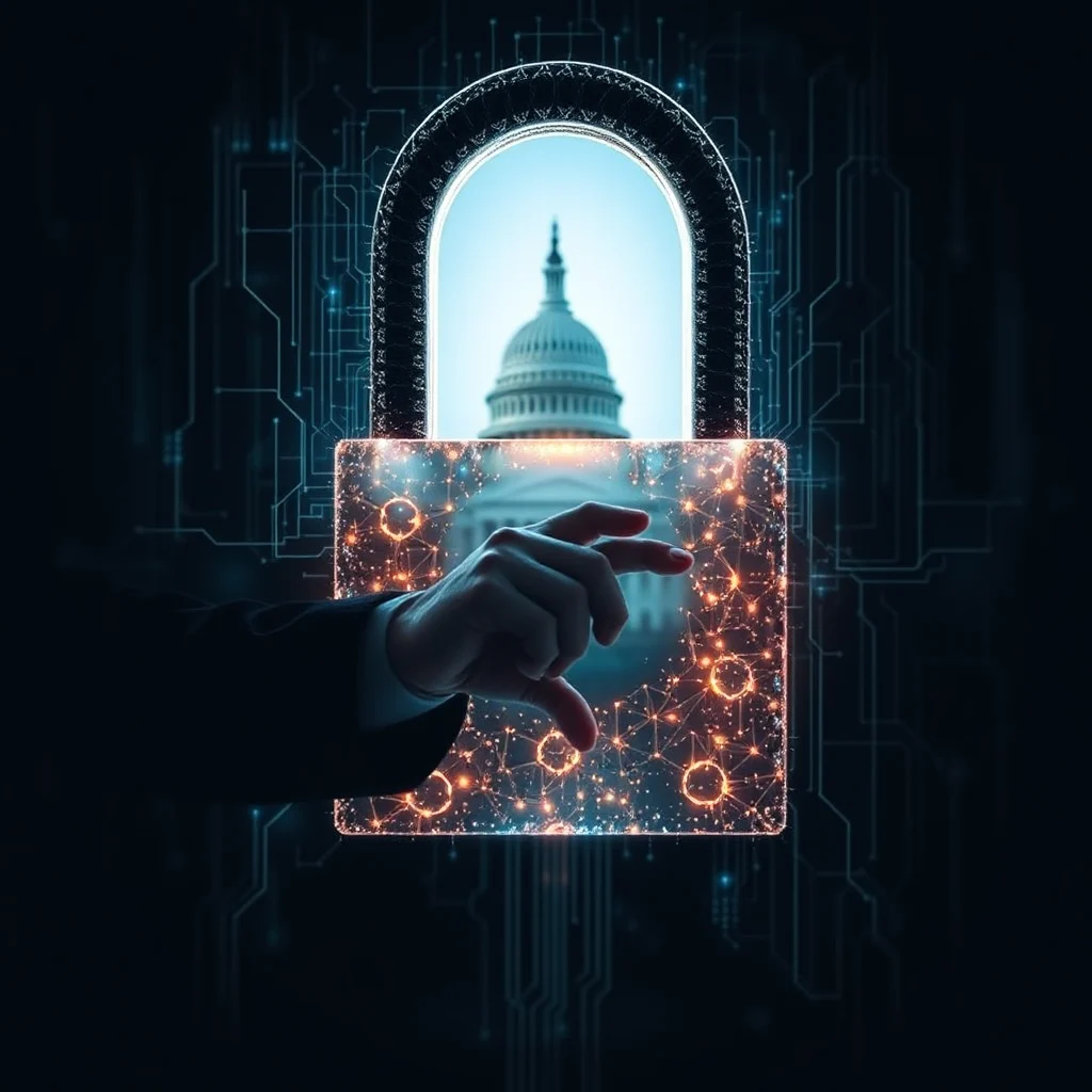 A hand in a suit jacket reaches out to touch a glowing digital padlock. The padlock's body is made of glowing orange lines and dots, forming a complex network. Through the arch of the padlock, the dome of the U.S. Capitol Building is visible against a bright blue sky. The background is dark with faint, illuminated circuit board patterns.
