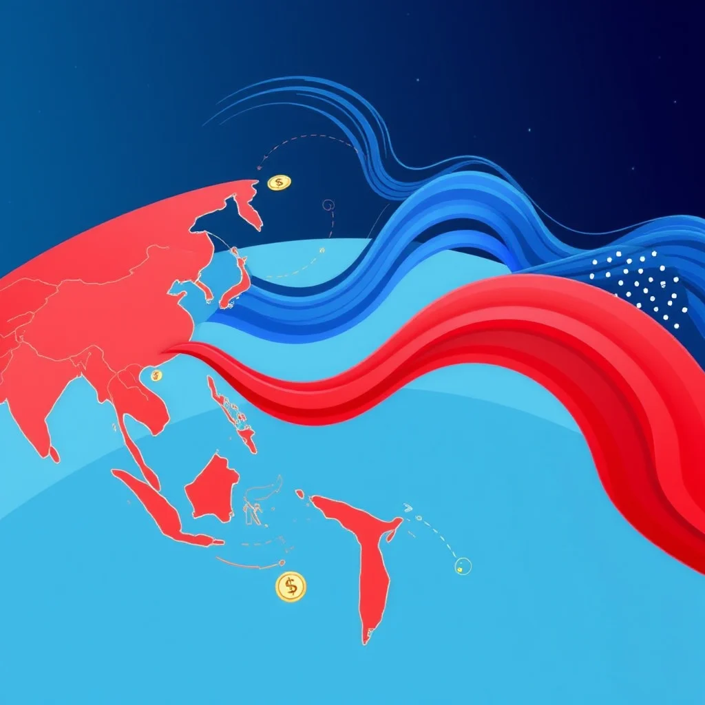 A stylized illustration shows a red map of Asia and Oceania with flowing red and blue lines above. Several gold coins with dollar signs are scattered across the map.
