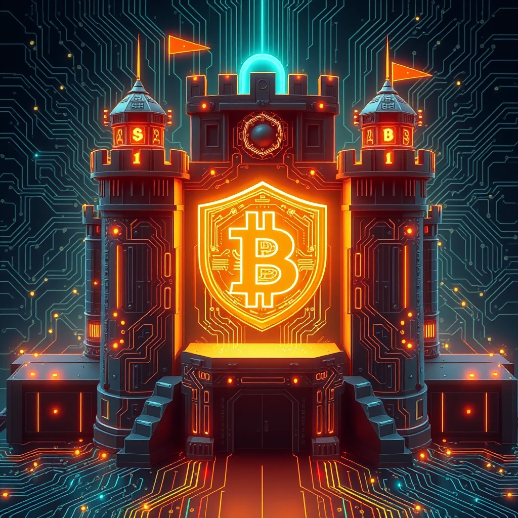 A futuristic, dark, and metallic castle with a glowing Bitcoin symbol prominently displayed in the center. The castle is adorned with orange and blue circuit board patterns and lights, giving it a high-tech, digital aesthetic.
