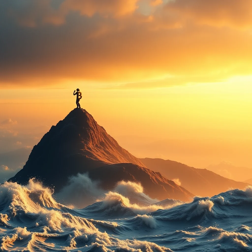 A person shaped like a Bitcoin symbol stands triumphantly on the peak of a rocky mountain overlooking a stormy sea under a dramatic orange and yellow sunset sky.