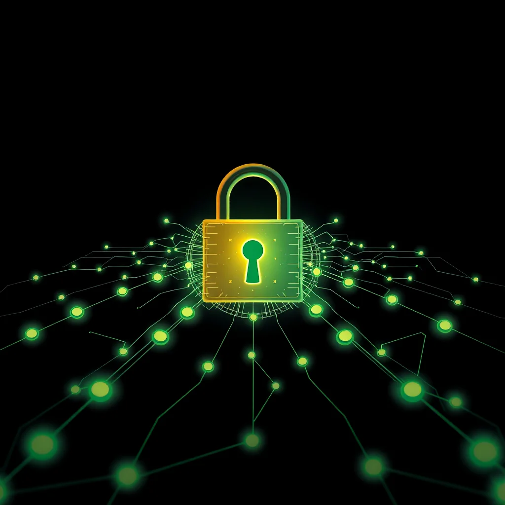 A digitally rendered padlock on a black background, glowing with a gradient of yellow and green. The padlock is connected to a network of glowing green lines and circles, resembling a circuit board.