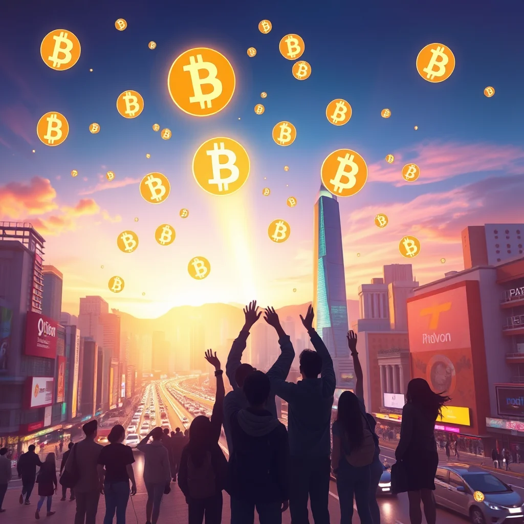 A crowd of people stand with their arms raised towards the sky as numerous golden Bitcoin symbols float downwards from above. The scene is set in a city at sunset, with a ray of light shining from one of the Bitcoin symbols down through the skyscrapers and onto the highway filled with cars.