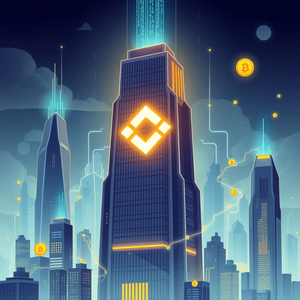 A futuristic cityscape with illuminated skyscrapers and Bitcoin symbols floating in the night sky.