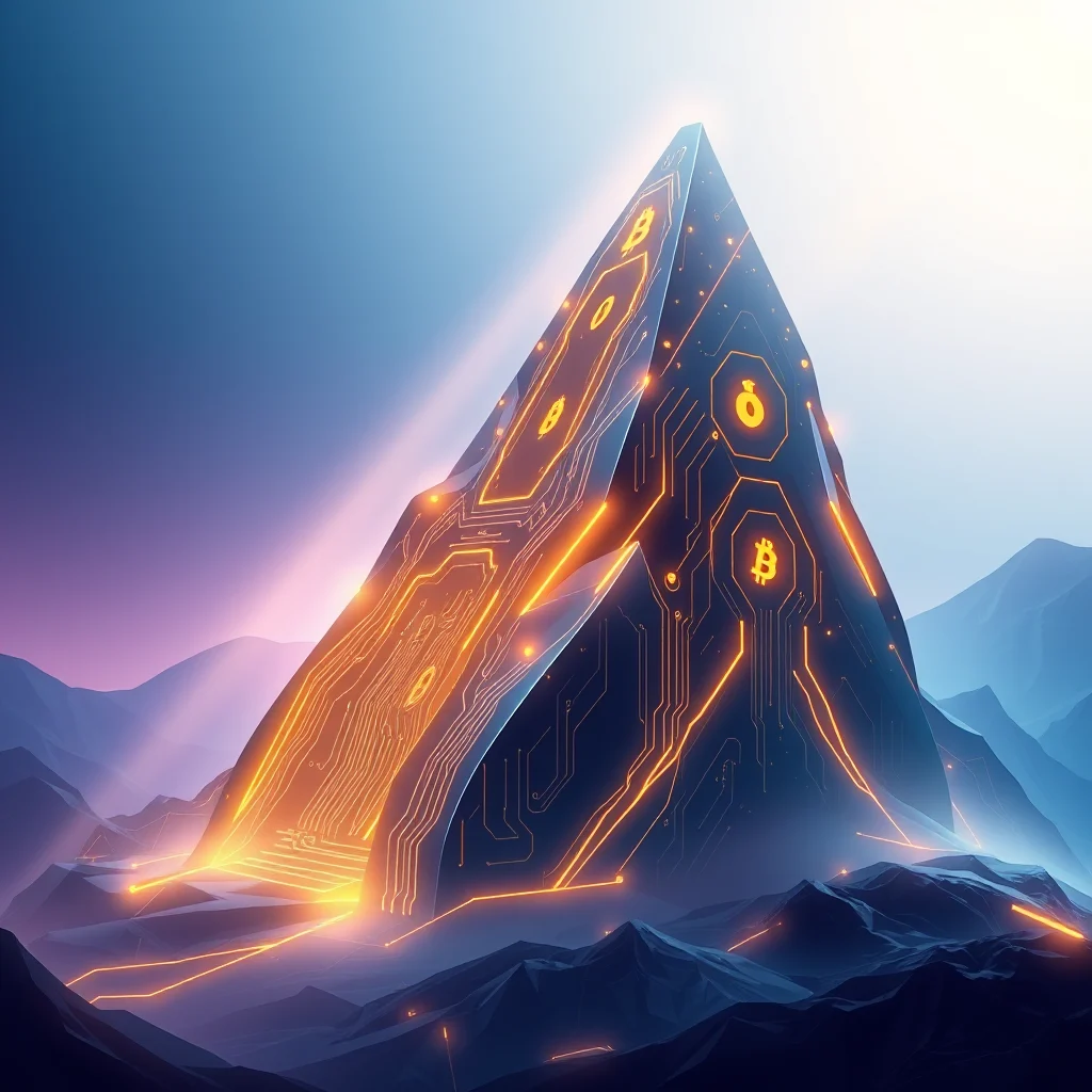 A futuristic, angular mountain made of dark material, resembling a pyramid, is illuminated by glowing orange circuit board patterns and Bitcoin symbols. It sits in a mountainous, misty landscape with soft purple and blue light in the background, suggesting dawn or dusk.