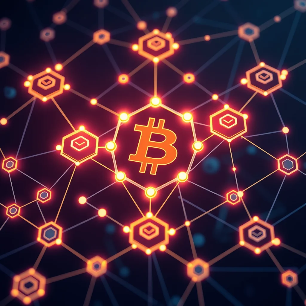 A glowing orange Bitcoin symbol is at the center of a digital network. The symbol is enclosed in a hexagonal shape, and surrounded by smaller hexagonal shapes connected by lines and glowing dots, all set against a dark, blurred background.