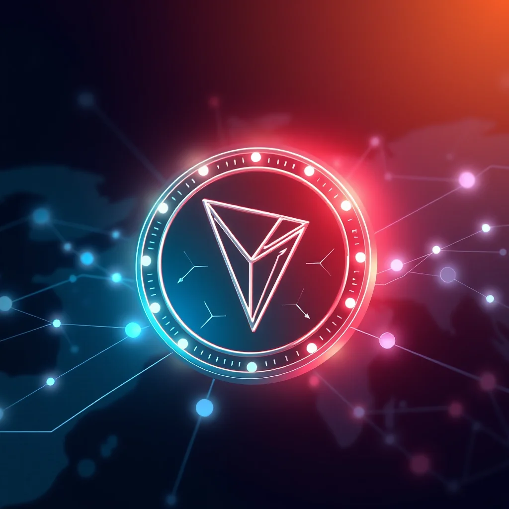 A close-up of the TRON cryptocurrency logo, depicted as a silver stylized downward-pointing triangle with sharp edges, set within a circular, glowing coin. The coin has a metallic texture with subtle ridges and illuminated segments around its edge, transitioning from a vibrant blue on the left to a fiery red on the right. Thin, glowing lines connect the coin to various nodes represented by colorful dots scattered across a dark, abstract background that features a faint, stylized world map outline.
