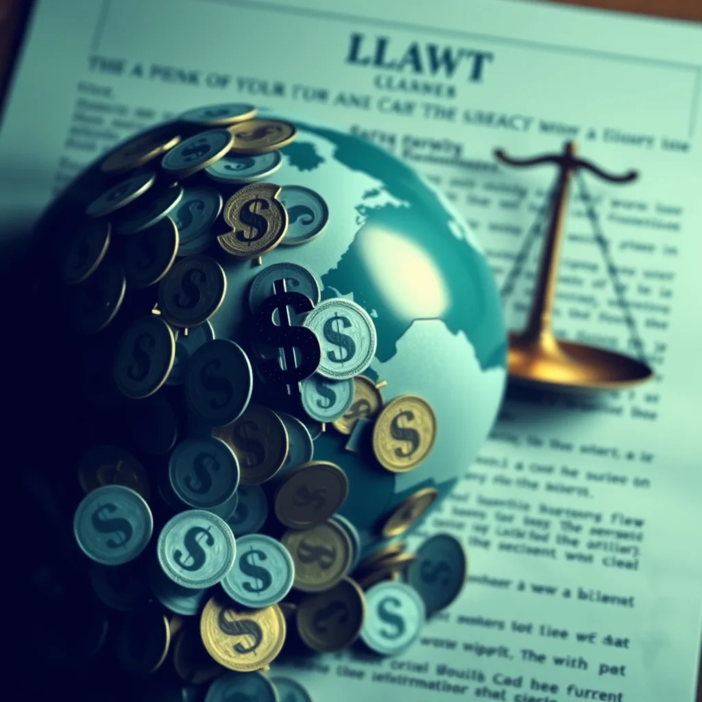 A close-up, low-angle shot of a globe covered in gold and silver coins with dollar signs on them. The globe sits on a document with text and a golden scale of justice in the background.