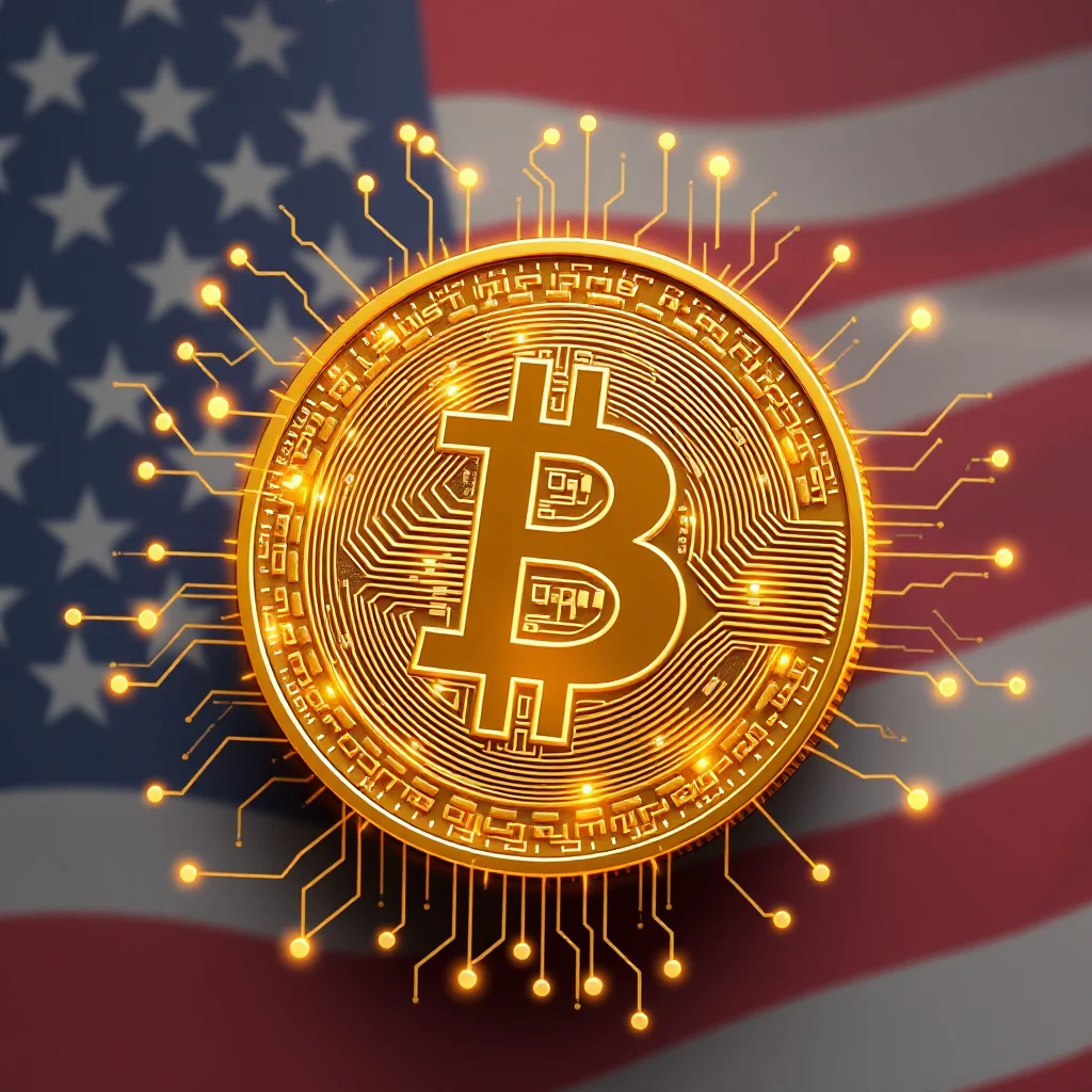 A golden Bitcoin coin with circuitry and glowing yellow nodes is superimposed on a blurred American flag background.