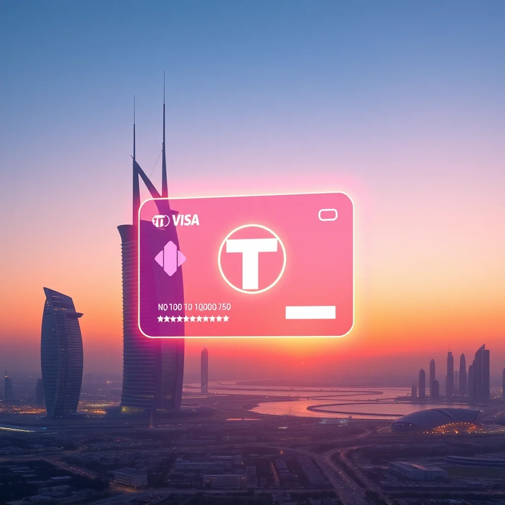 A pink credit card with a glowing white "T" logo and "VISA" text is superimposed over a cityscape at sunset.