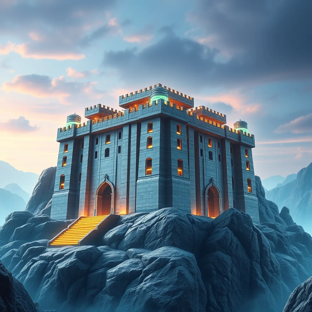 A formidable stone castle perched atop a jagged mountain peak. The castle is illuminated by warm orange light emanating from its windows and a glowing staircase leading to its grand entrance. The sky above is a dramatic canvas of clouds painted with the soft hues of sunset, while distant mountains fade into a mystical blue haze.