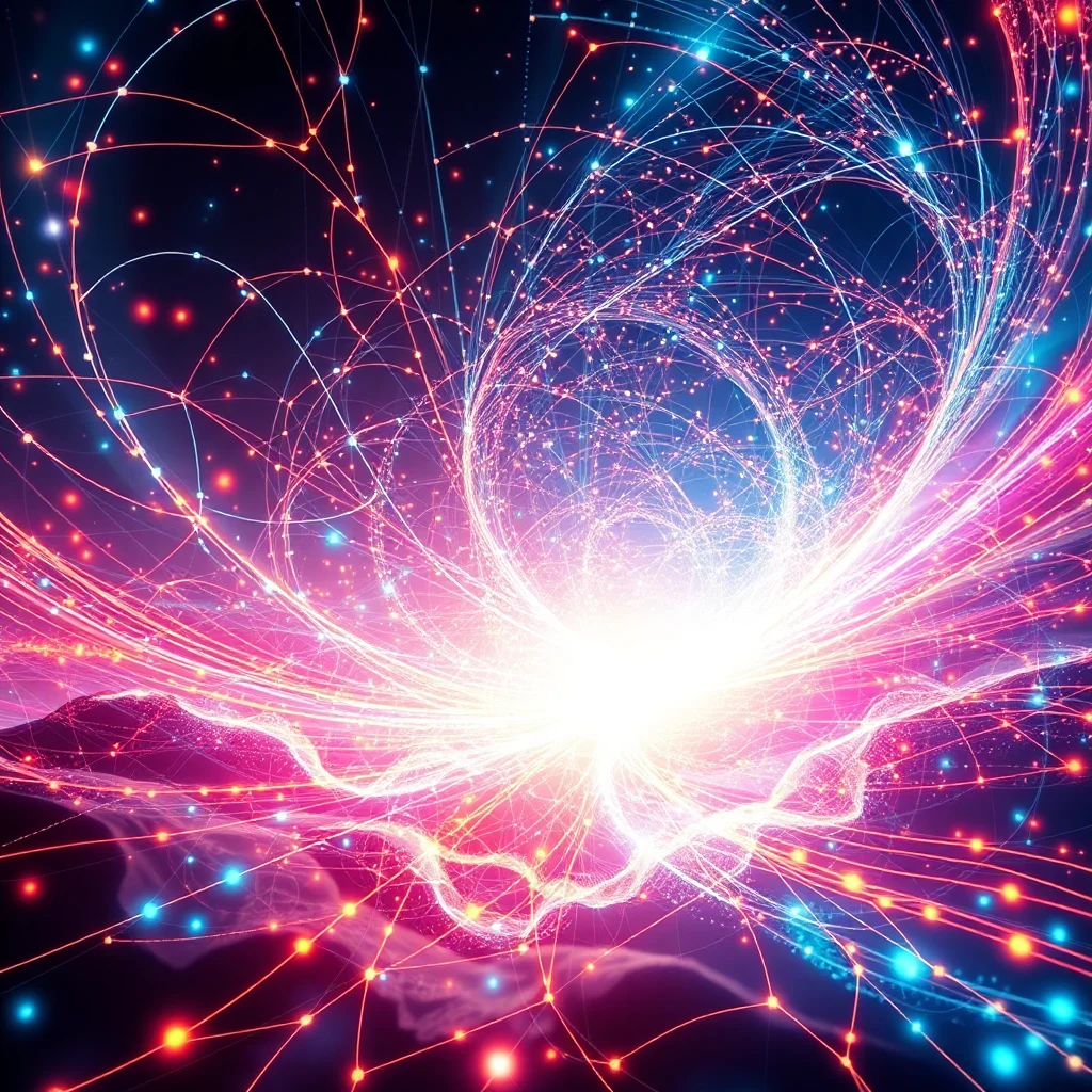 An abstract depiction of a vibrant energy vortex with swirling lines of light in shades of pink, blue, and white, dotted with numerous small, glowing orbs against a dark, starry background.