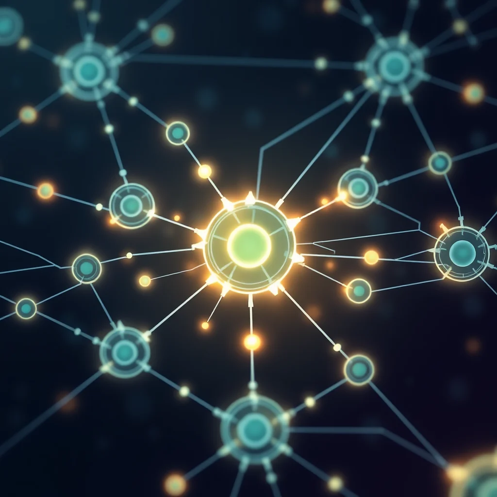 A close-up, abstract digital artwork depicts a network of interconnected glowing nodes against a dark background. The nodes, varying in size and color, are linked by thin, luminous lines, creating a sense of a complex data structure or neural network. Some central nodes radiate a warm, yellow-green light, while others have a cooler, teal glow with concentric rings. Smaller, scattered yellow dots of light add depth and sparkle to the intricate design.