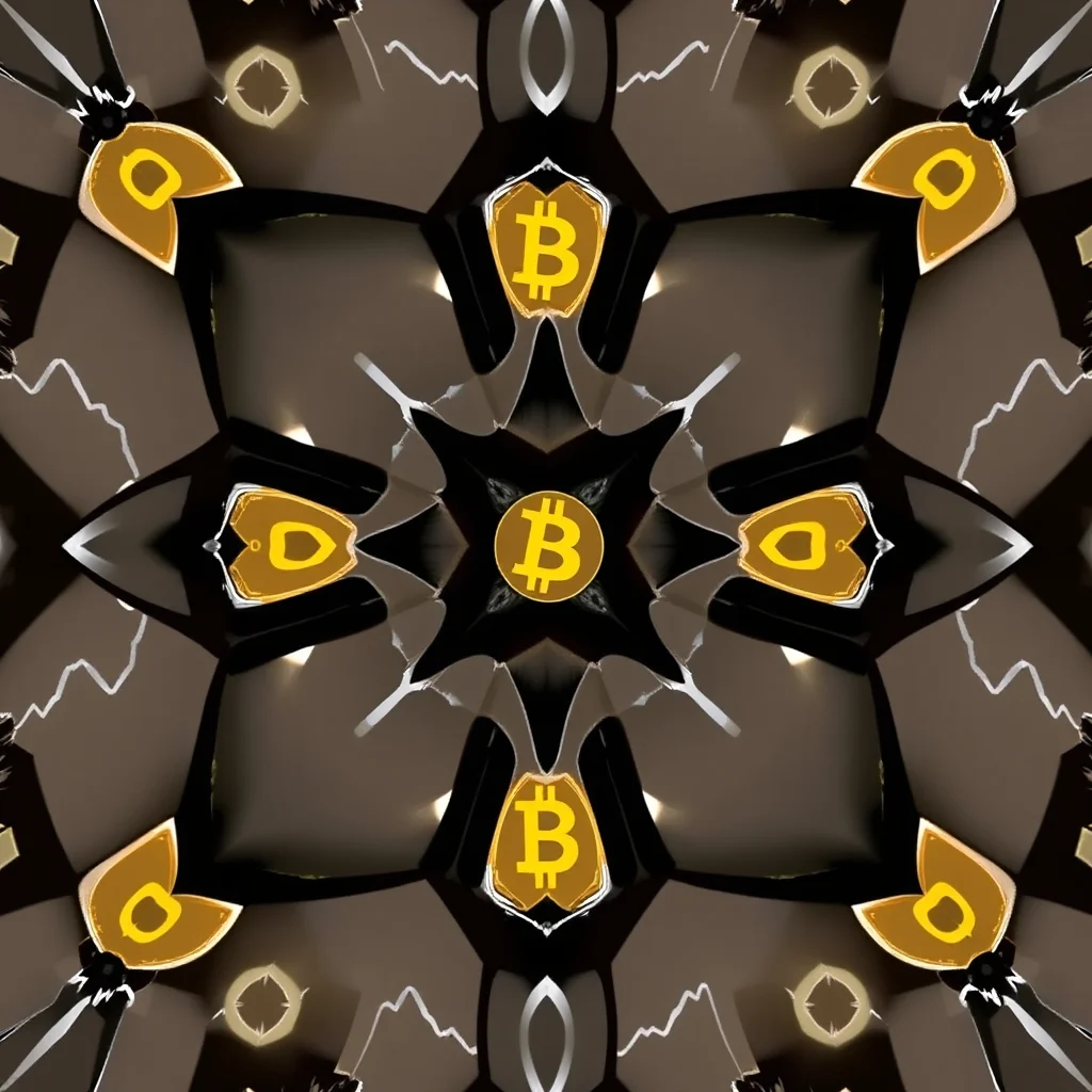 A symmetrical, abstract pattern with gold Bitcoin symbols at the center of each of the four main quadrants.