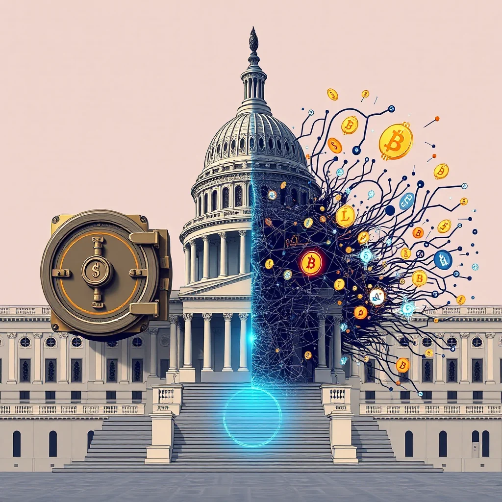 The U.S. Capitol building is depicted as split down the middle. On the left, a large, metallic vault door with a dollar sign is prominent. On the right, the building dissolves into a digital network of cryptocurrency symbols, including Bitcoin, Litecoin, and others, connected by glowing blue lines and spreading outwards like branches against a pinkish sky. A blue holographic circle hovers on the stairs in front of the building.