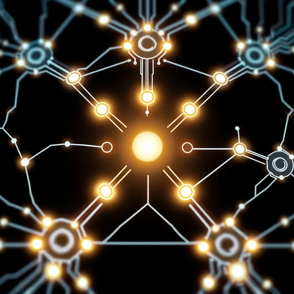A bright yellow sun-like orb is at the center of a digital network, with glowing orange and white lines extending outwards like rays. These lines connect to smaller circular nodes, some of which have multiple glowing orange dots and are part of larger, more complex circuit-like structures that fade into the black background.