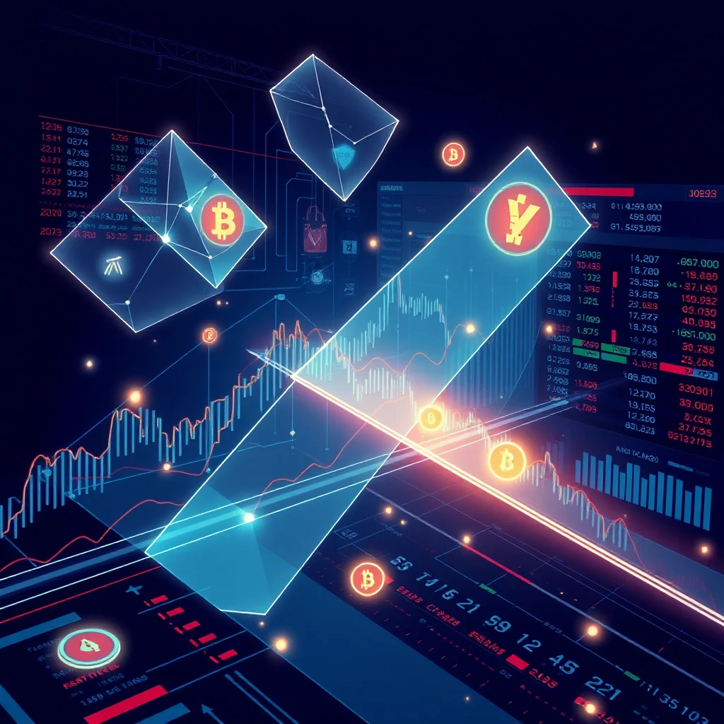 A futuristic digital artwork depicts a dark blue background with glowing neon lines and geometric shapes. Several translucent, wireframe cubes float in the center, each containing a glowing Bitcoin symbol in the center. A large, diagonal neon line cuts through the scene, overlaid with a luminous graph showing fluctuating stock market data. Smaller, glowing circles are scattered throughout the image, some with Bitcoin symbols or other cryptocurrency icons. The overall impression is one of advanced technology and digital finance, possibly representing the volatility and excitement of the cryptocurrency market.