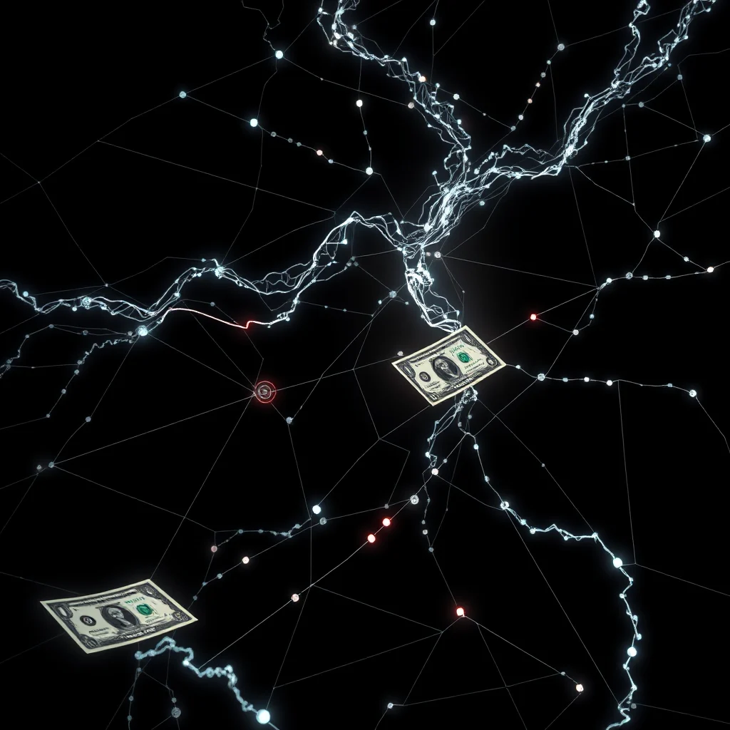 Two dollar bills are caught in a digital network of glowing white lines and red dots against a black background.