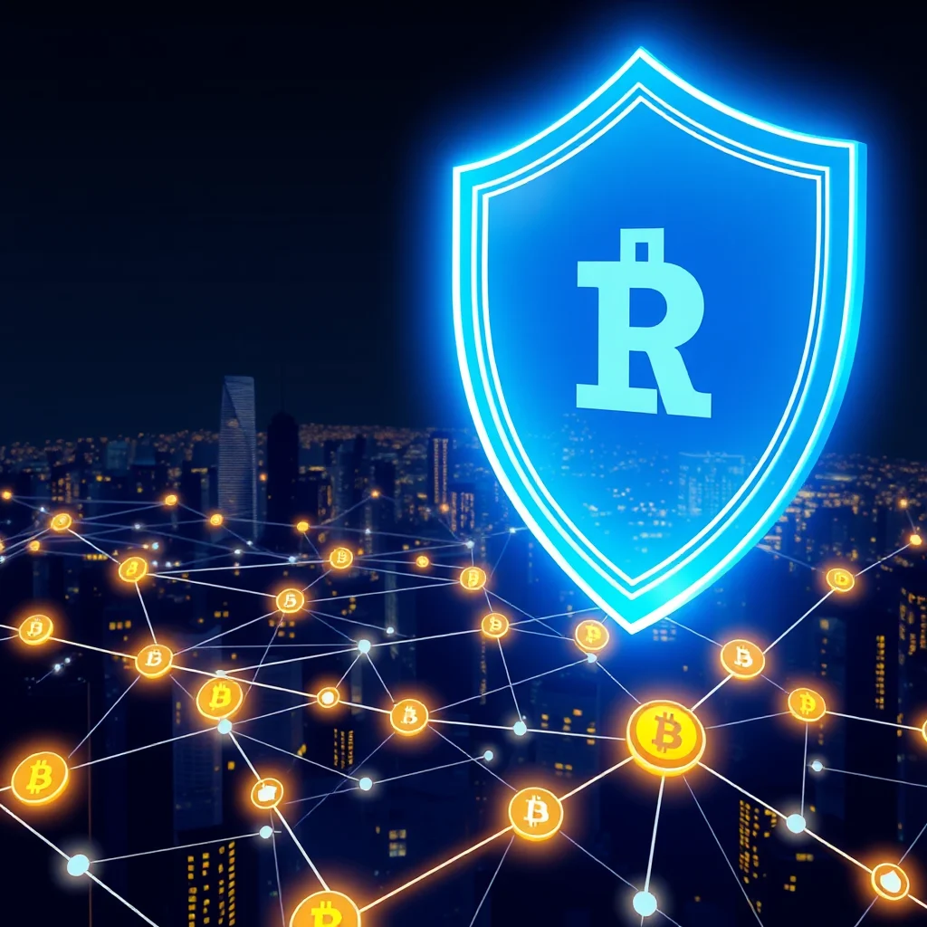 A blue shield with a glowing outline and a stylized "R" symbol in the center, hovering above a networked city skyline at night, with interconnected nodes resembling Bitcoin symbols.