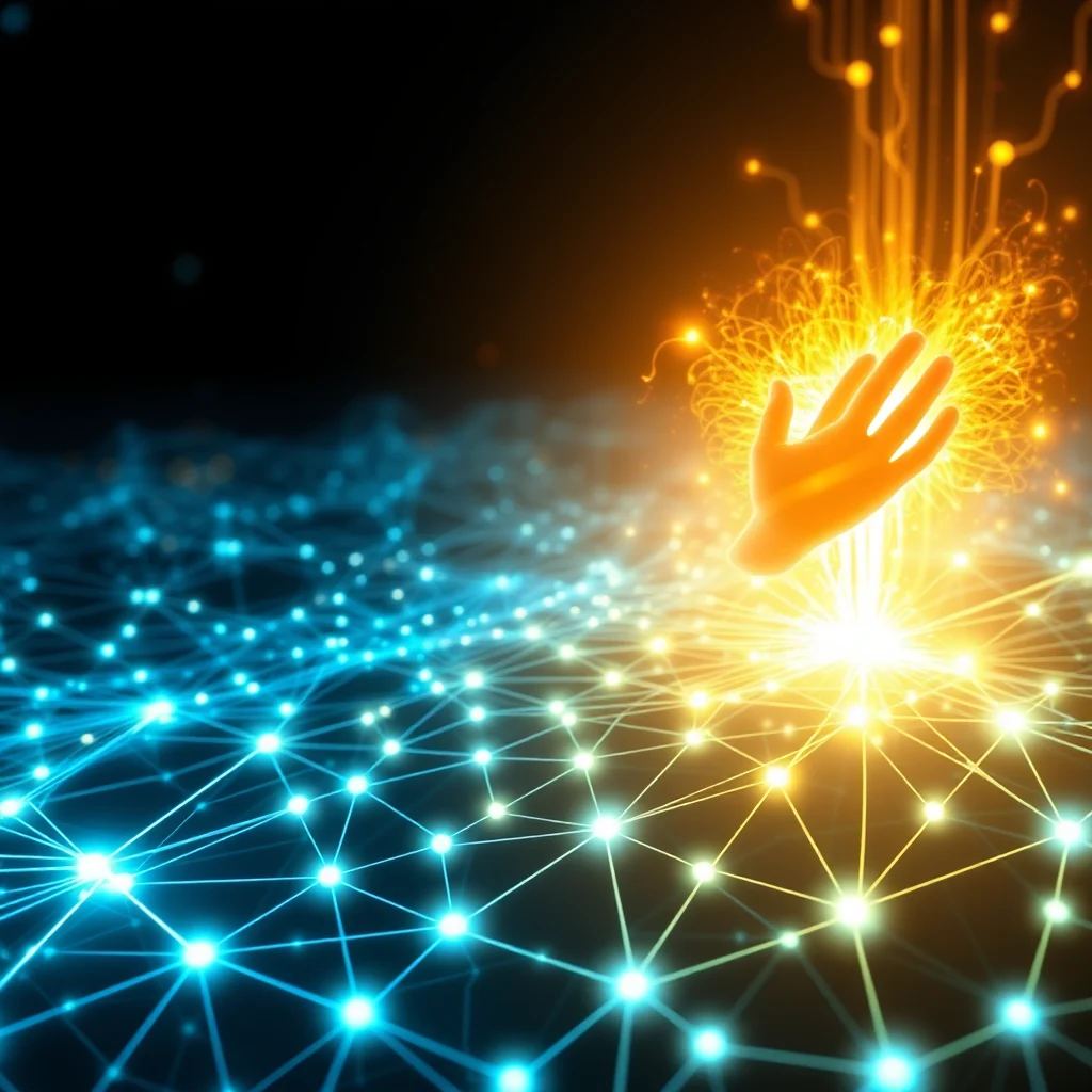 A glowing orange hand reaches up from a network of interconnected blue and yellow lights on a dark background.