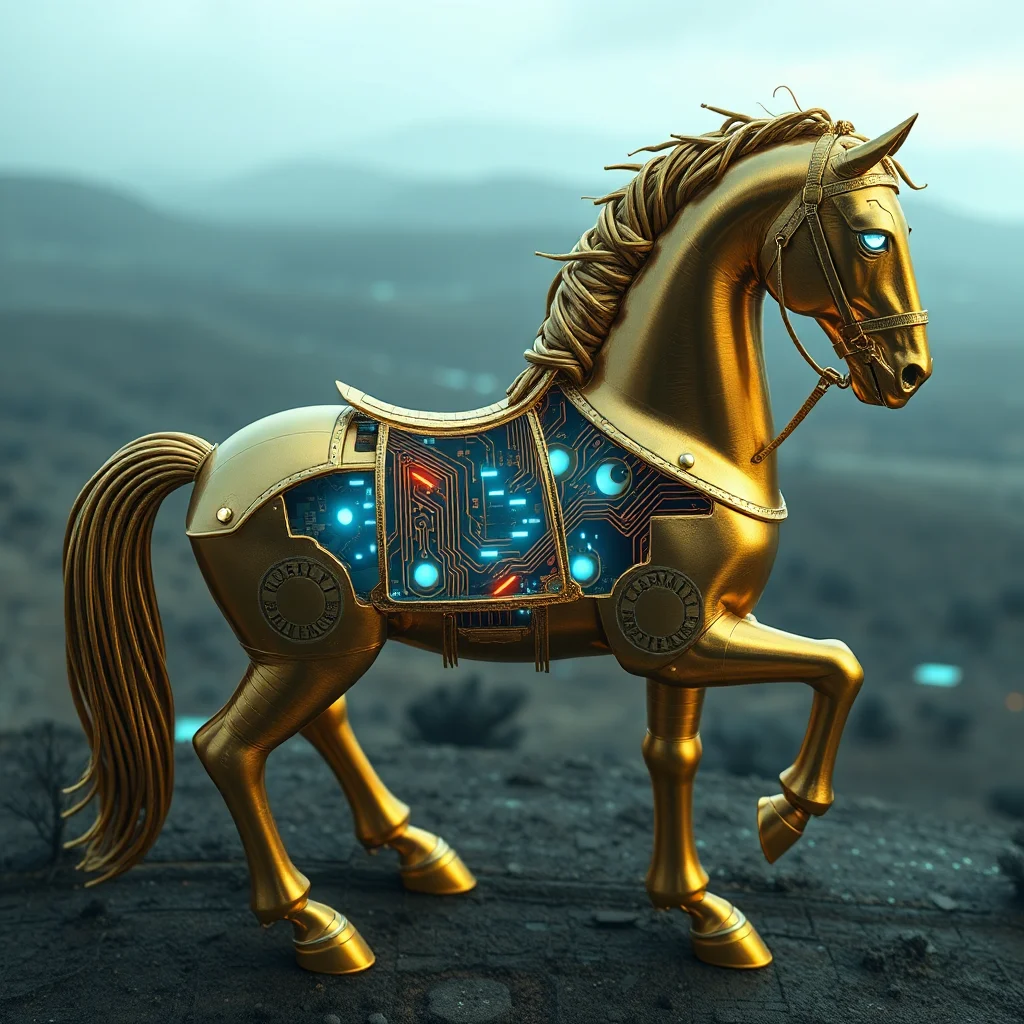 A golden mechanical horse with glowing blue eyes and a circuit board visible on its side, standing on rocky ground with a hazy, mountainous background.