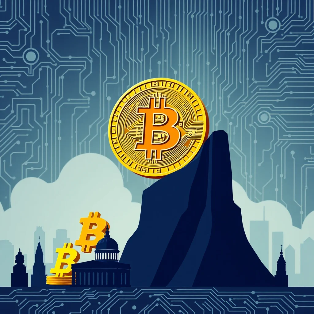 A large golden Bitcoin coin sits atop a dark blue mountain, overlooking a cityscape with a domed building and silhouetted skyscrapers. Several smaller golden Bitcoin symbols are stacked in front of the domed building. The background is a light blue, stylized circuit board pattern.