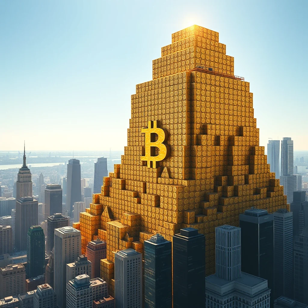 A massive, stepped pyramid structure made of gold Bitcoin coins dominates the New York City skyline, topped with a large, illuminated golden Bitcoin symbol.