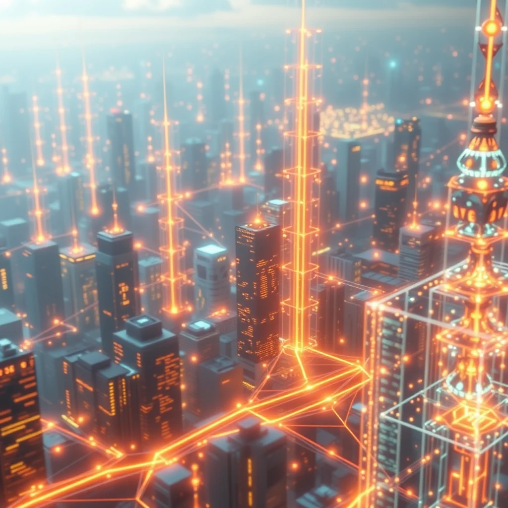 An aerial view of a futuristic city at night, with neon orange lights connecting the skyscrapers and creating a network of energy.