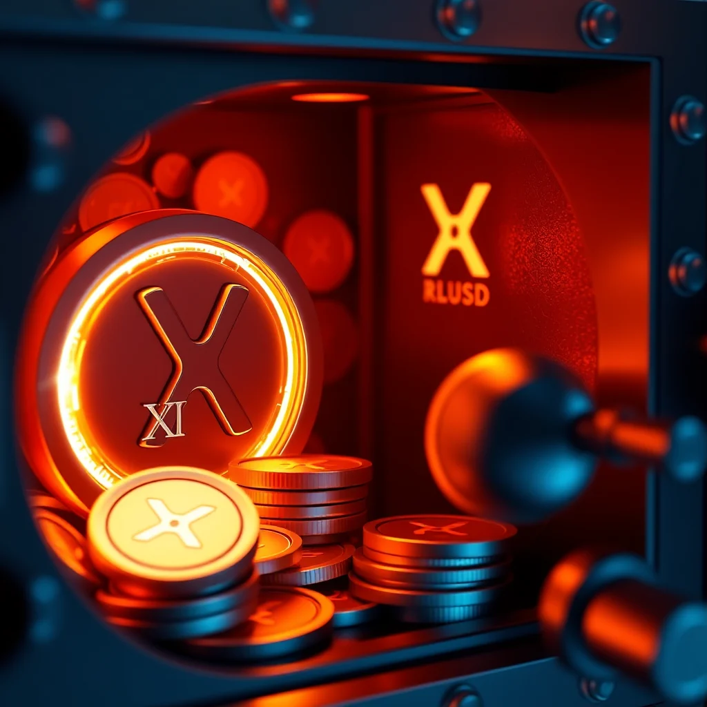 A close-up, low-angle shot of a metallic safe opened to reveal a stash of golden XRP cryptocurrency coins. The coins are stacked in piles, with some scattered around. The largest coin, positioned on the left, is illuminated with a bright orange glow, featuring the XRP logo and the roman numeral XI. In the background, inside the safe, the XRP logo is prominently displayed with the letters "RLUSD" beneath it. The overall lighting is dramatic, with warm orange hues from the coins contrasting with the cool blue of the safe's exterior.