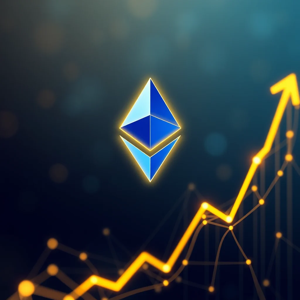 The Ethereum logo, a blue diamond shape with a yellow outline, floats above a rising orange line graph against a dark, subtly blurred background with bokeh effects.