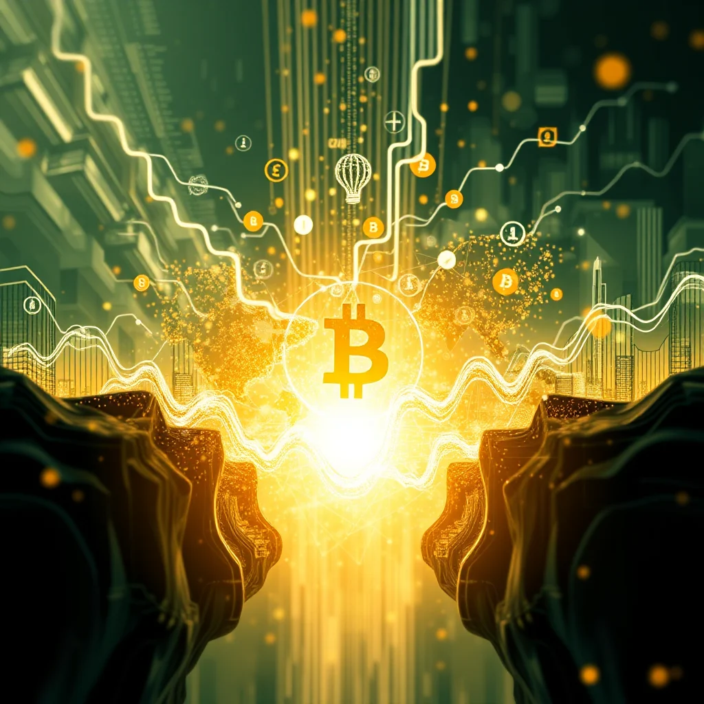 An abstract digital illustration depicting the Bitcoin cryptocurrency, with its iconic "B" symbol glowing brightly at the center. The background features a futuristic cityscape, financial charts, and interconnected lines symbolizing data and networks, all rendered in shades of gold, green, and dark tones.