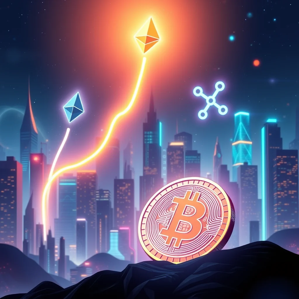 A glowing Bitcoin coin sits in the foreground on a dark, rocky surface, with a neon cityscape in the background. Two Ethereum symbols rise from the city, connected by a bright yellow line that curves upwards towards the top of the image, where a larger, more vibrant Ethereum symbol is illuminated by a fiery orange glow. A smaller, blue molecule-like symbol hovers to the right of the Ethereum symbols. The cityscape is filled with tall, modern buildings lit with neon blue and pink lights, set against a dark, starry night sky.